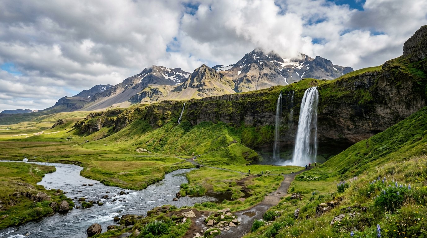 Iceland landscape with waterfall and mountains