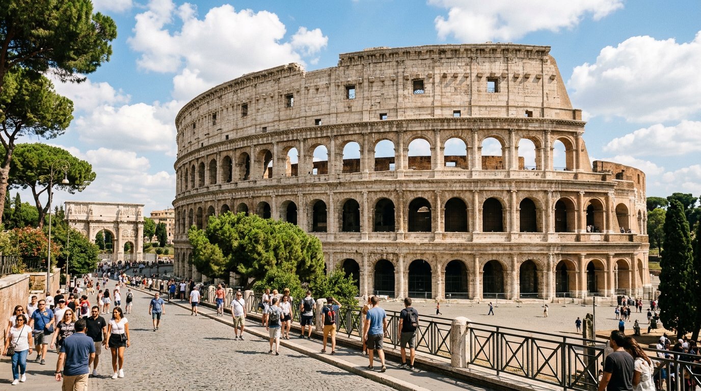 Ancient Colosseum in Rome, sunny day, travel photography style