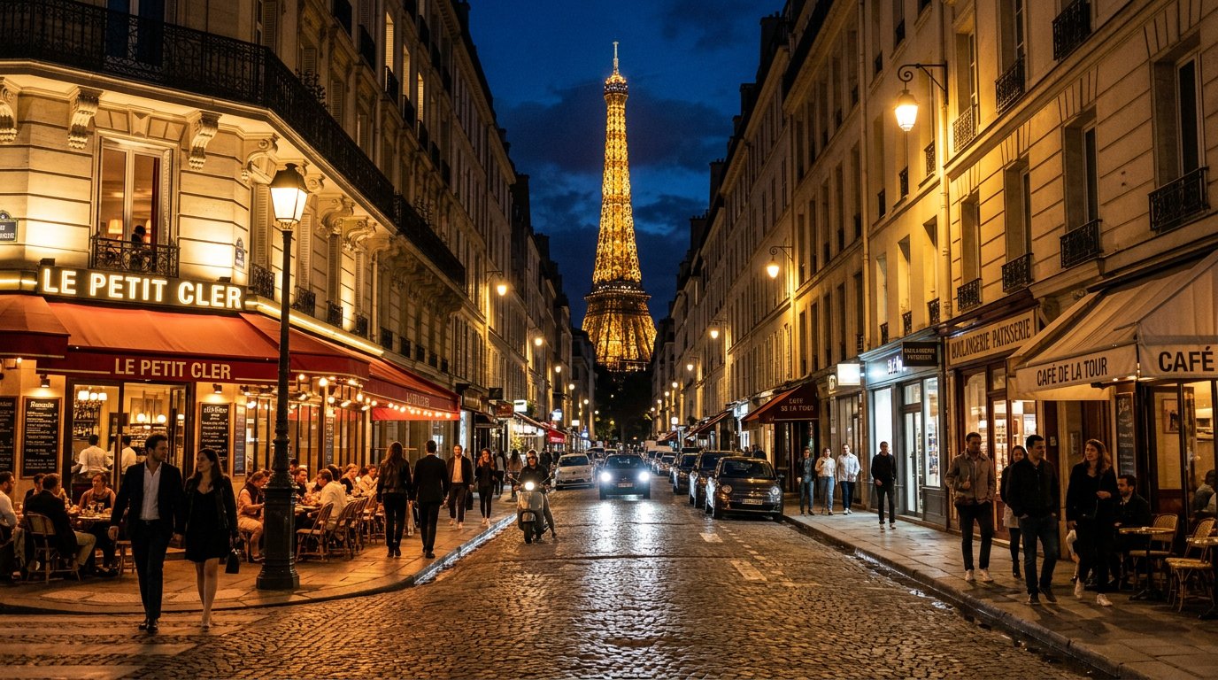 European city street at night, Eiffel tower in background