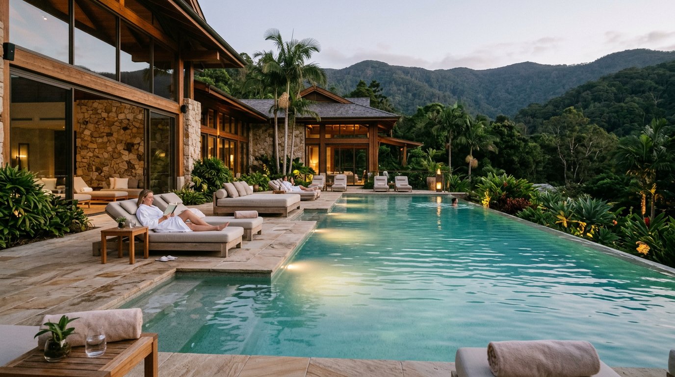 Luxury wellness spa with pool, relaxing atmosphere