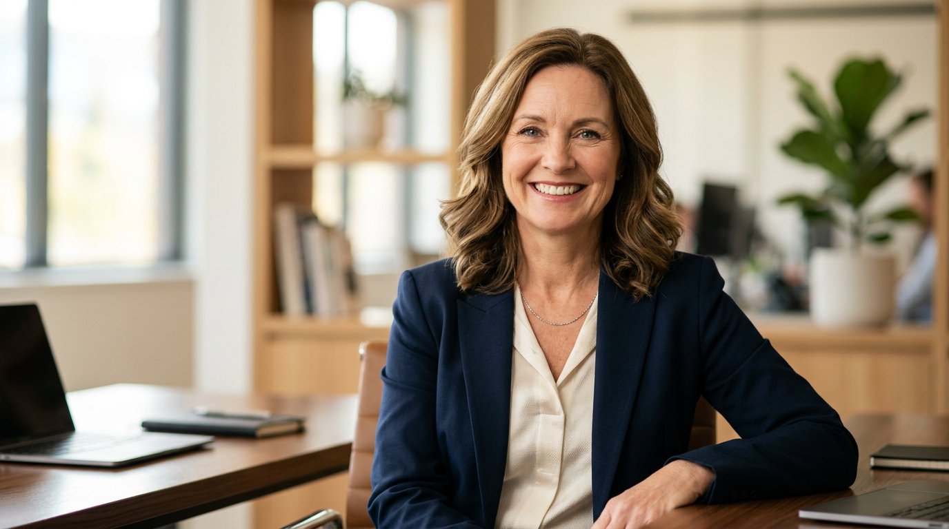 Professional headshot of a smiling middle-aged woman